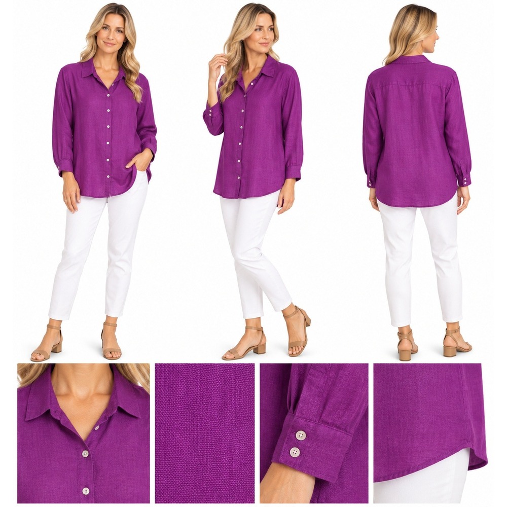 J Jill Love Linen Shirt XL Purple 100% Linen Button Down Relaxed Lagenlook Boho